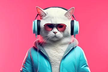 Tuinposter Cool cat with sunglasses and headphones on pink © miriam artgraphy