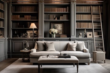 Elegant home library with classic beige sofa