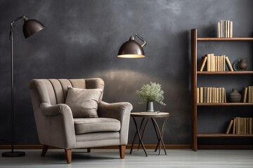 Sophisticated armchair with bookshelf in dimly lit room