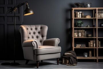 Luxurious armchair and bookshelf in a dim room