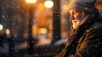 Obraz premium Old elderly man sitting on a park bench alone on cold winter night , loneliness during christmas holidays concept with copy space