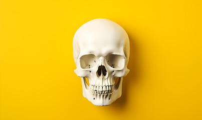 crâne humain isolé sur fond jaune - obrazy, fototapety, plakaty