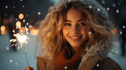 Portrait of a young beautiful caucasian woman holding sparklers in winter season holidays on snow day