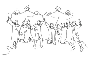 Single continuous line drawing group of young happy graduate male and female college student jumping wear gown and giving thumbs up gesture. Education. One line draw graphic design vector illustration