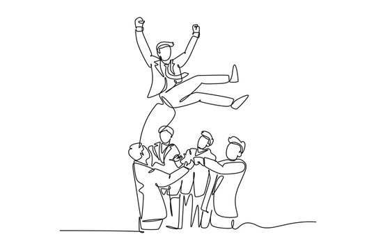 Single continuous line drawing group of happy businessman toss up person celebrating success victory achievement together. Joyful team congratulation man colleague. One line design vector illustration
