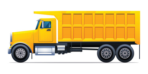 Dump truck side view vector cartoon illustration. Heavy machinery construction vehicle isolated on white background © YG Studio