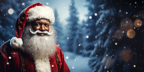 Black african american santa claus in snow in front of trees. With copy space.