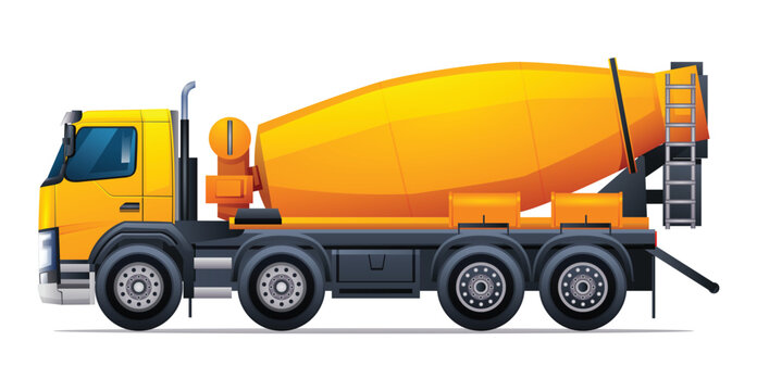 Concrete mixer side view truck vector illustration. Heavy machinery construction vehicle isolated on white background