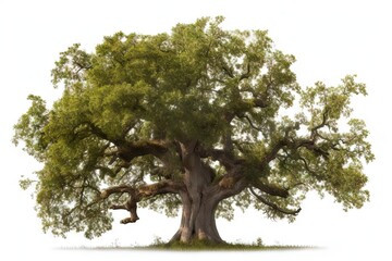 Old oak tree in a grassy field on white isolated background