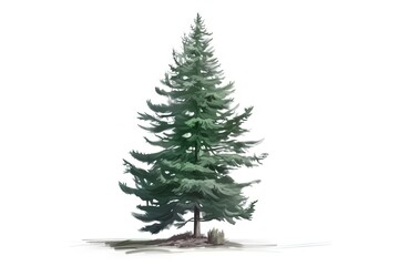 Tall evergreen pine tree on grass on white background