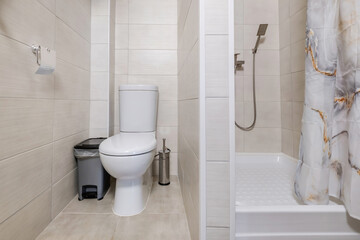 toilet and detail of a corner shower cabin with wall mount shower attachment