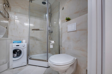 toilet and detail of a corner shower cabin with wall mount shower attachment