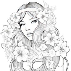 A girl on a coloring book page with Jasmine flowers.