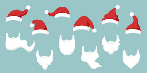 Set of Santas hats and beards in the flat style. Christmas concept.	
