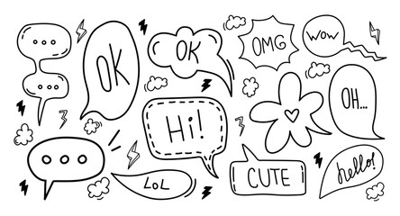 Hand-drawn doodle-style set of message and bubble elements illustration for cards, posters, stickers, and professional design