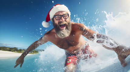 Man surfing in Santa Claus costume. Christmas vacation concept. AI generated image.