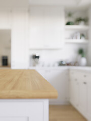 Wooden countertop, empty surface to place your goods, with a blurred kitchen background in the background. 