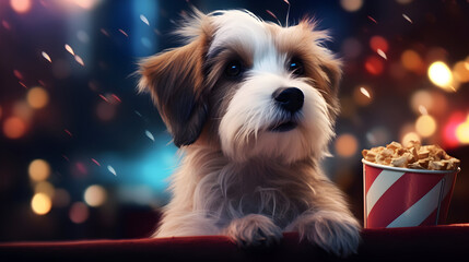 Super cute dog watching movie in the cinema. AI generated image.