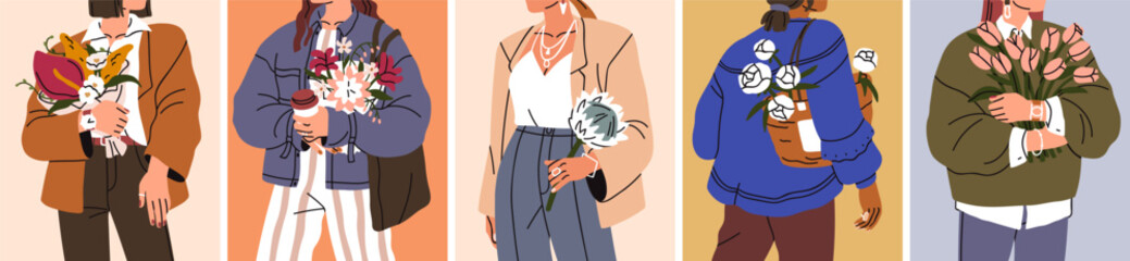 Fashion girls with flowers in hands, cards set. Modern stylish women holding beautiful floral bouquets for holiday, gentle spring blooms. Trendy romantic female posters set. Flat vector illustrations