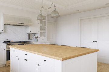 Wooden countertop, empty surface to place your goods, with a blurred kitchen background in the background. 