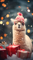 Super cute alpaca in Santa hat with gift boxes. Merry Christmas greeting concept. AI generated image.
