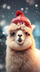 Super cute alpaca in Santa hat with gift boxes. Merry Christmas greeting concept. AI generated image.