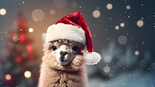 Super cute alpaca in Santa hat with gift boxes. Merry Christmas greeting concept. AI generated image.