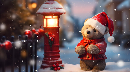 Super cute Teddy bear in Santa hat with giftbox. AI generated image