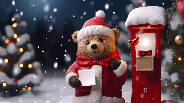 Super cute Teddy bear in Santa hat with giftbox. AI generated image