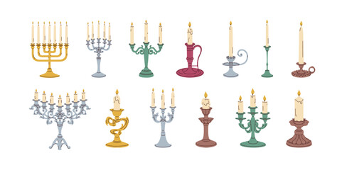 Vintage candlesticks set. Antique candelabra in old retro style. Ancient candle holders, fire light decorations. Candleholders designs. Elegant home decoration. Isolated flat vector illustrations