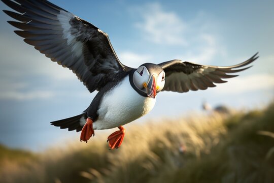 close-up of a flying puffin. Generative AI