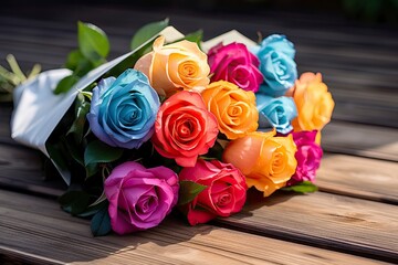 Bunch of multi colored roses on wooden planks, happy birthday lying on planks.