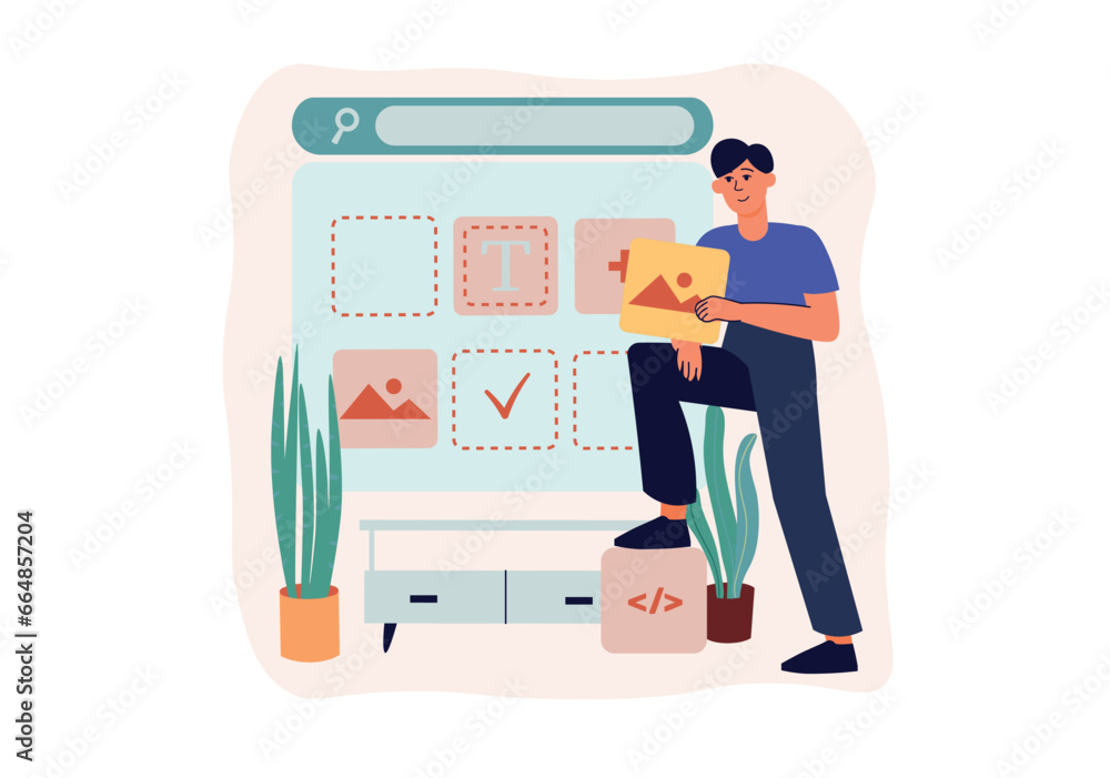 Poster web design concept with people scene in the flat cartoon design. a creative designer creates a desig