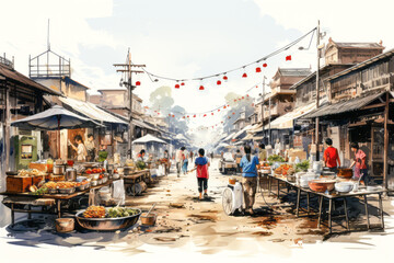 Busy street food market with cook preparing Pad Thai in Thailand. - obrazy, fototapety, plakaty