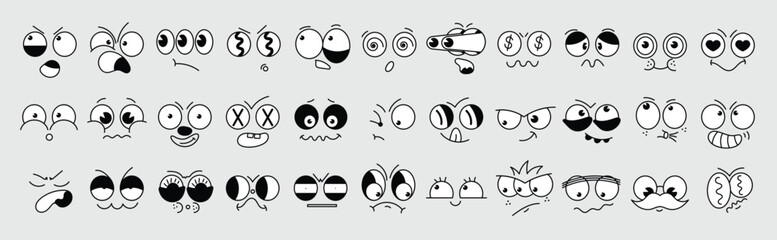 Set of 70s groovy comic faces vector. Collection of cartoon character faces, in different emotions, happy, angry, sad, cheerful. Cute retro groovy hippie illustration for decorative, sticker.