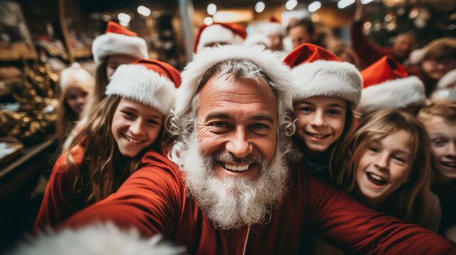 Selfie of santa and group of children wearing santa caps. Christmas, holiday concept.
