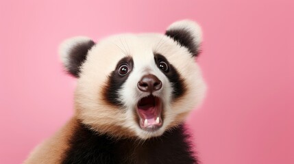 Shocked panda with big eyes isolated on pink background, funny animal expression, cute and surprised face, space background for sale banner.