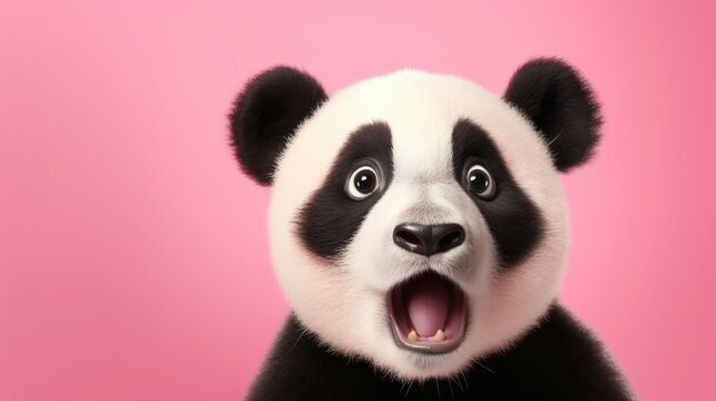 Shocked panda with big eyes isolated on pink background, funny animal expression, cute and surprised face, space background for sale banner.