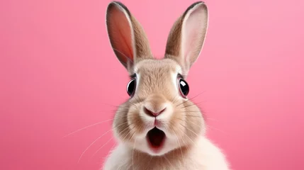 Foto op Plexiglas Shocked rabbit with big eyes isolated on pink background, cute and surprised face, Studio portrait of surprised rabbit, space background for sale banner poster. © Manyapha