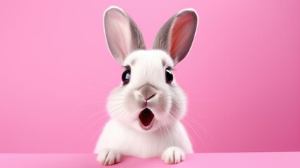Shocked rabbit with big eyes isolated on pink background, cute and surprised face, Studio portrait of surprised rabbit, space background for sale banner poster.