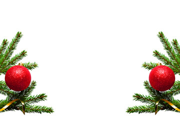 Christmas tree branches with red balls in PNG isolated on transparent background, frame