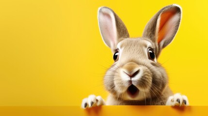 Fototapeta na wymiar Shocked rabbit with big eyes isolated on yellow background, cute and surprised face, Studio portrait of surprised rabbit, space background for sale banner poster.