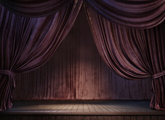 Magic theater stage red curtains Show Spotlight. 3d render, llustration.