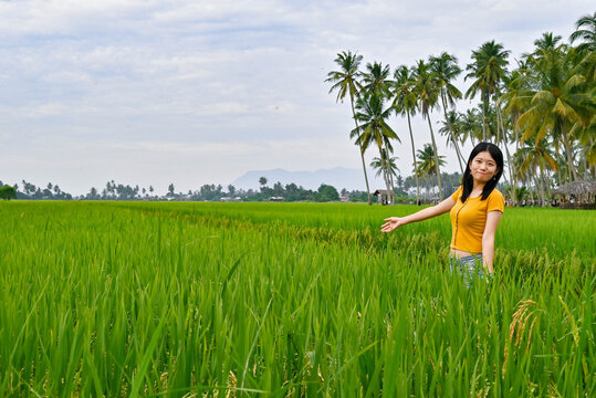 A girl stands with open hands in the endless green paddy field.