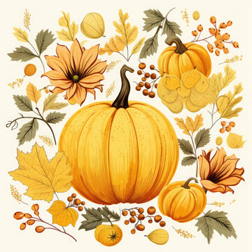 Happy Thanksgiving Background With Autumn Leaves, Yellow Pumpkins, Daisy And Herbs. Illustration For Wallpaper, Banner, Backdrop, Greeting Card, Cover, Poster.