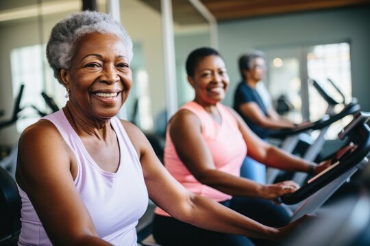 Elderly black women with lavender and orange sportswear doing spinning indoor cycling