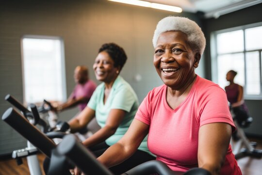 Elderly black women with pink and green sportswear doing spinning indoor cycling