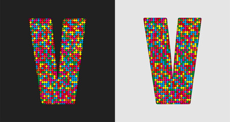 Bubble letter V. Glitter character of colored dots
