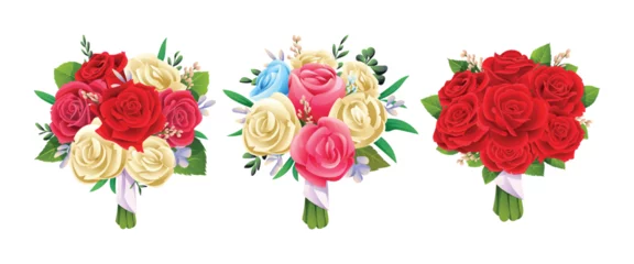 Foto op Aluminium Set of beautiful rose bouquets isolated on white background. Vector illustration of bridal bouquet © YG Studio