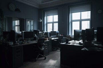 View of dim office with computers, desks. Generative AI